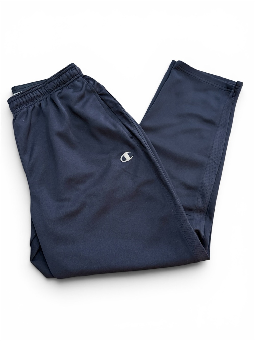Champion Navy Blue Track Pants with side mesh stripe. Men’s size large